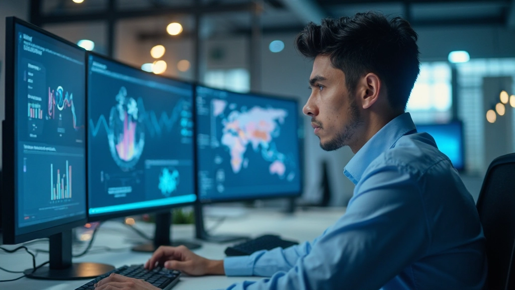 Профессиональный аналитик работает с dashboard данных на компьютере