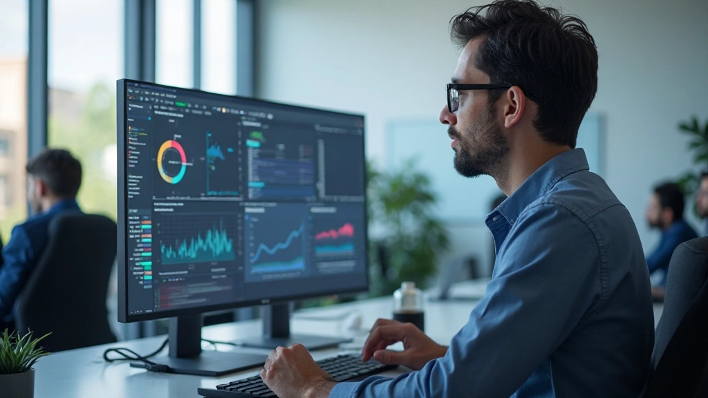 Профессиональный аналитик данных работает с машинным обучением на мощном компьютере в современном офисе