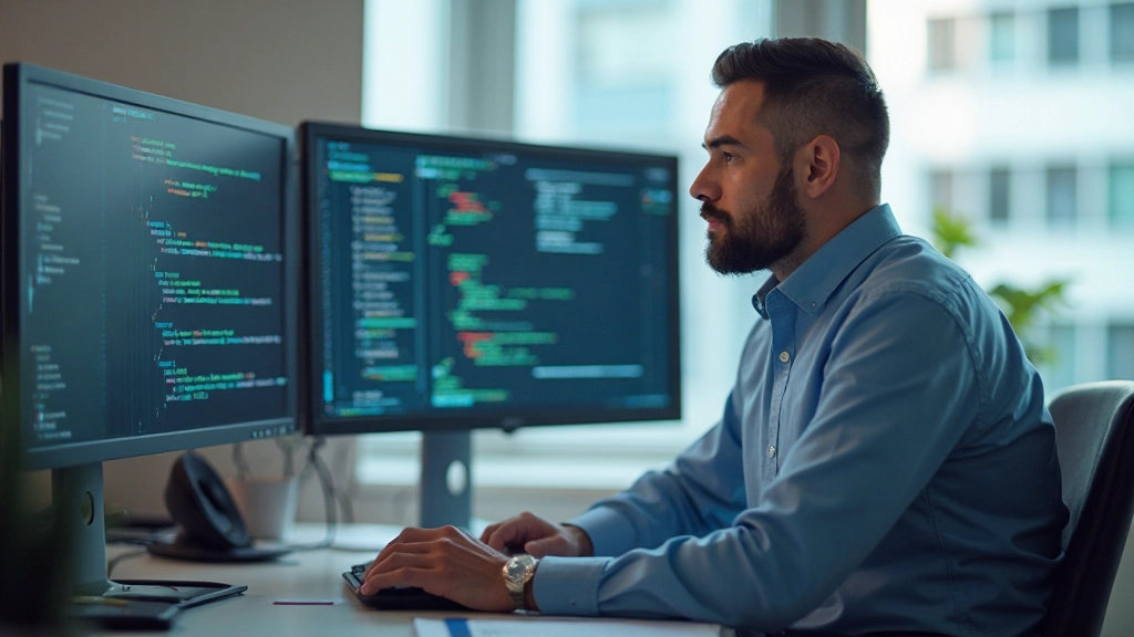 Профессиональный аналитик данных работает с SQL запросами на мониторе компьютера в современном офисе