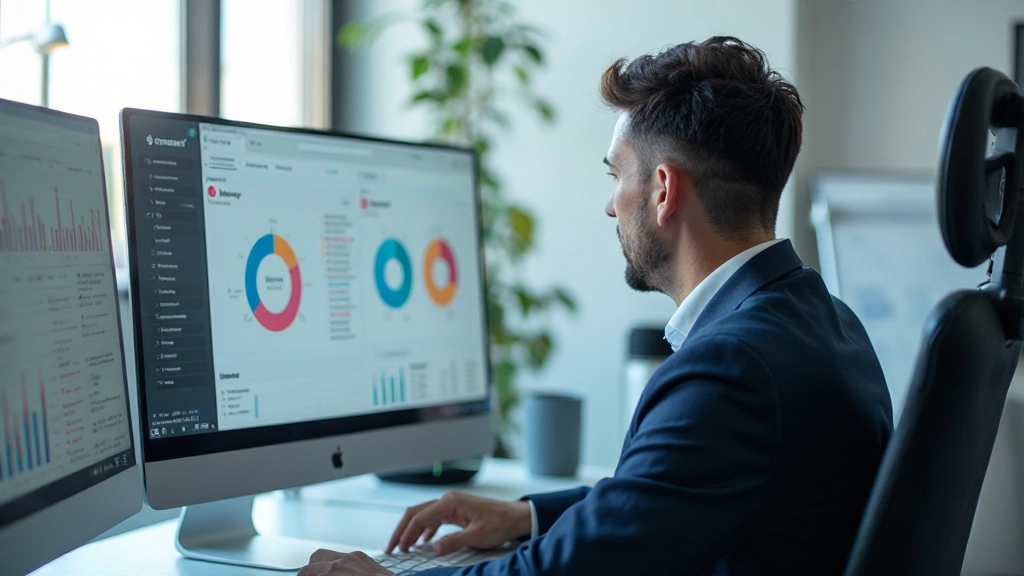 Аналитик работает с дашбордом показателей на мониторе компьютера в современном офисе