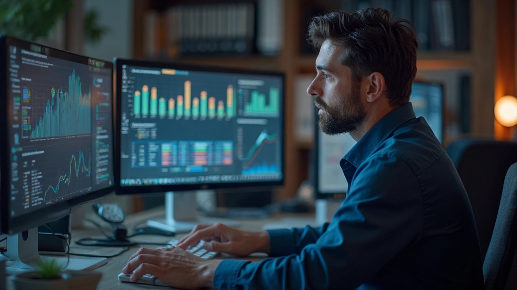 Специалист по анализу данных изучает статистику на большом мониторе