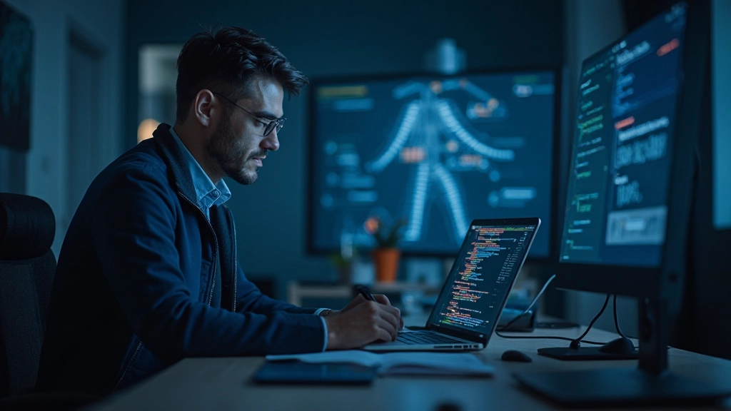 Программист пишет SQL-запросы на экране ноутбука в темной комнате