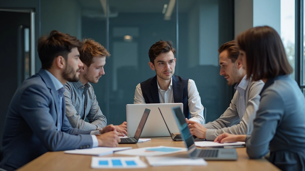 Команда специалистов по данным обсуждает результаты машинного обучения перед интерактивным экраном в современном офисе