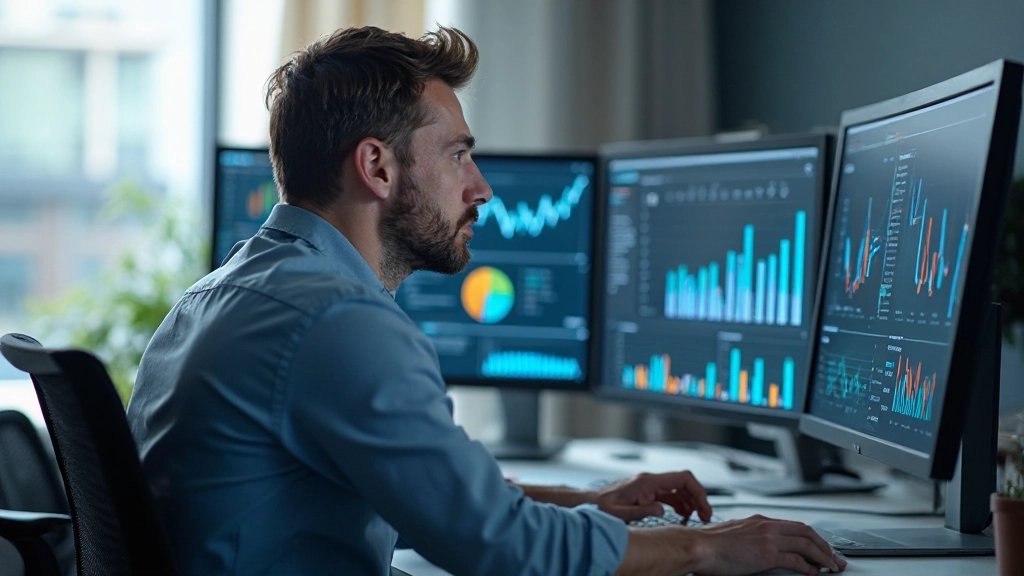 Профессиональный аналитик работает с интерактивными дашбордами на мониторе