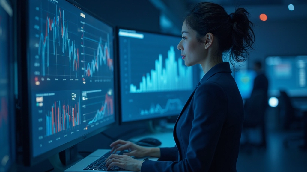 Специалист по анализу данных изучает статистику на большом мониторе